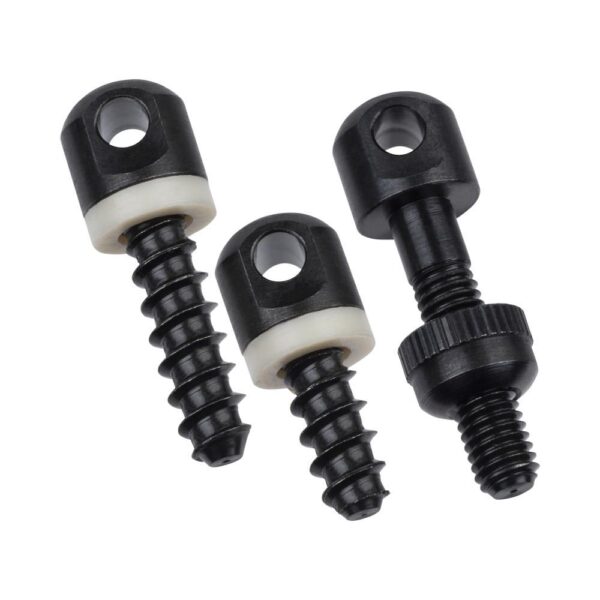 ALLEN COMPANNY NO HARDWARE GUN SLING SWIVEL SET - A set of three black screws with white rubber washers, featuring different shapes and thread styles for versatile fastening.