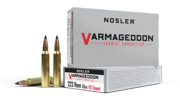 Box of Nosler Varmageddon varmint ammunition with two .223 Rem 55gr bullets displayed in front.