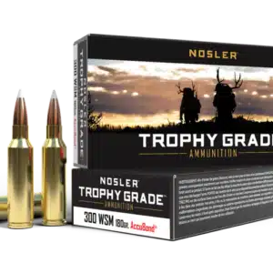 Box of Nosler Trophy Grade ammunition with two bullets in front and a silhouette of people with deer antlers at dusk on the box.