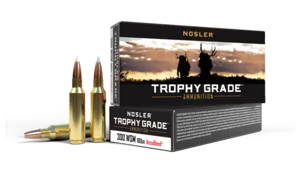 Box of Nosler Trophy Grade ammunition with two bullets in front and a silhouette of people with deer antlers at dusk on the box.