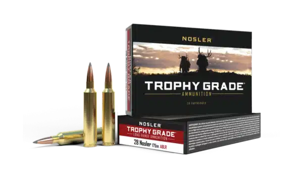 Box of Nosler Trophy Grade ammunition with two bullets displayed in front.