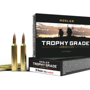 Box of Nosler Trophy Grade ammunition with two bullets displayed in front of the package.