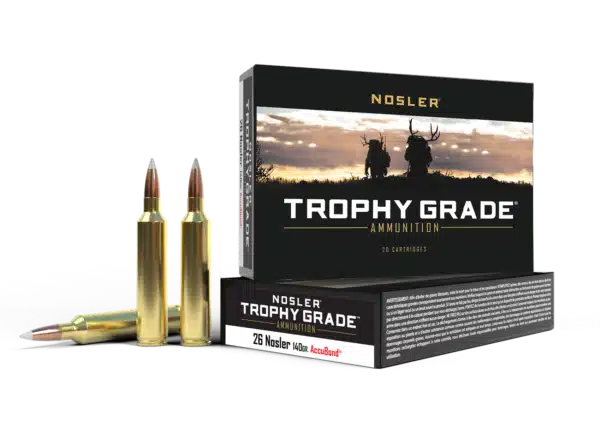 Box of Nosler Trophy Grade ammunition with two bullets displayed in front of the package.