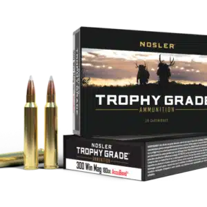 Box of Nosler Trophy Grade ammunition with two rifle cartridges displayed in front.