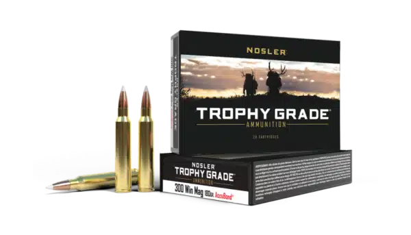 Box of Nosler Trophy Grade ammunition with two rifle cartridges displayed in front.