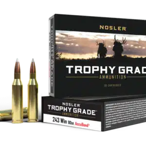 Box of Nosler Trophy Grade ammunition with two bullets displayed in front.