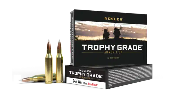 Box of Nosler Trophy Grade ammunition with two bullets displayed in front.