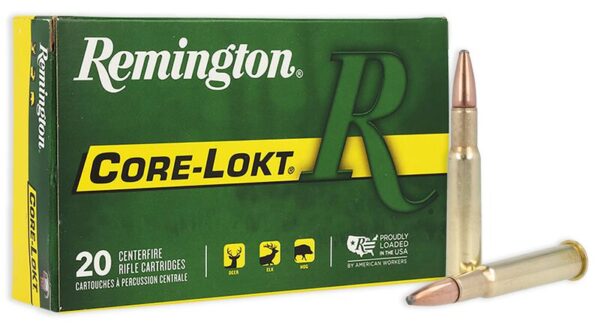 Box of Remington Core-Lokt rifle cartridges with two bullets in front.