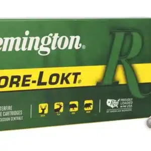 A box of Remington Core-Lokt centerfire rifle cartridges with one bullet placed outside.