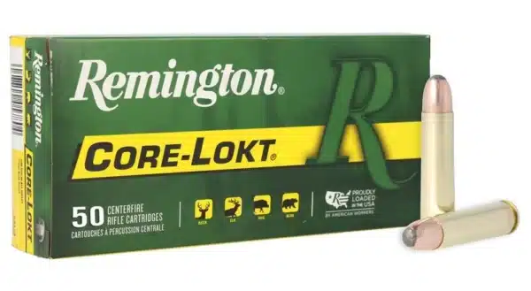 A box of Remington Core-Lokt centerfire rifle cartridges with one bullet placed outside.