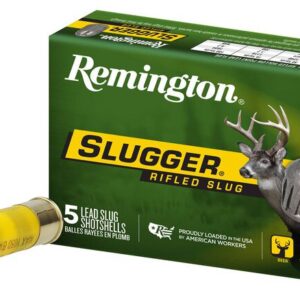 A box of Remington Slugger Rifled Slug shotgun shells with one shell displayed in front.