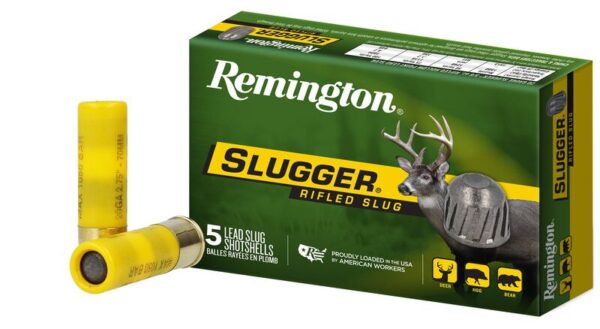 A box of Remington Slugger Rifled Slug shotgun shells with one shell displayed in front.