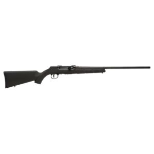 SAVAGE A17 HEAVY BARREL .17 HMR a black bolt-action rifle with a sleek design and long barrel, resting on a white background.