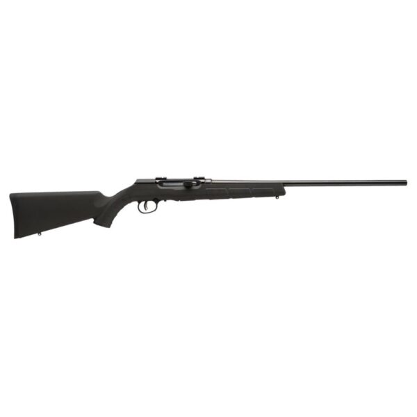SAVAGE A17 HEAVY BARREL .17 HMR a black bolt-action rifle with a sleek design and long barrel, resting on a white background.