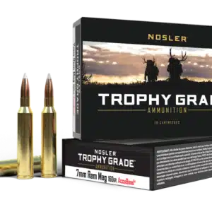 A box of Nosler Trophy Grade ammunition, featuring 7mm Rem Mag cartridges alongside two cartridges, with a scenic hunting backdrop.