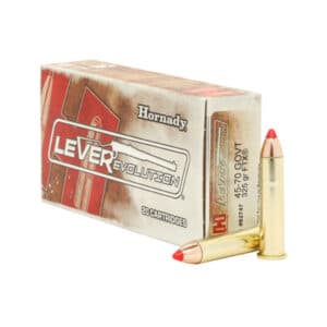 Box of Hornady Lever Revolution cartridges with one bullet standing upright beside it.