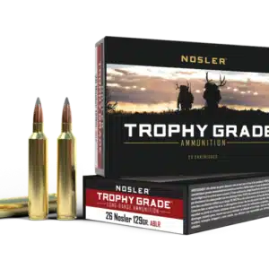 Box of Nosler Trophy Grade Ammunition with two cartridges displayed in front.