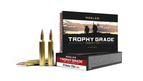 Box of Nosler Trophy Grade Ammunition with two cartridges displayed in front.