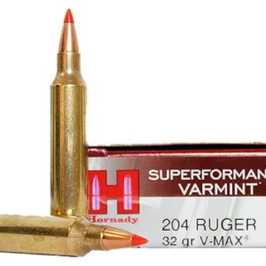 Two .204 caliber rifle cartridges with a Hornady box labeled "SUPERFORMANCE VARMINT".