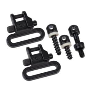 ALLEN COMPANY BOLT ACTION RIFLE GUN SLING SWIVEL SET - Two black sling swivel mounts with accompanying screws, designed for secure firearm attachment.