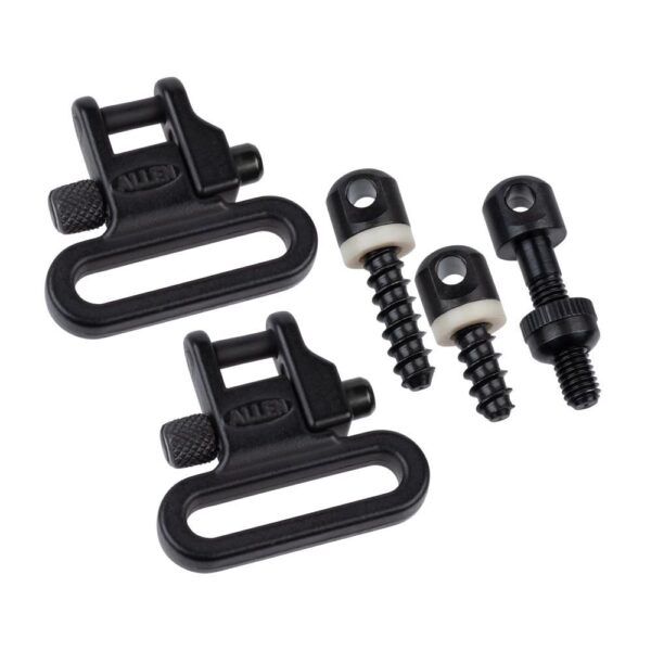 ALLEN COMPANY BOLT ACTION RIFLE GUN SLING SWIVEL SET - Two black sling swivel mounts with accompanying screws, designed for secure firearm attachment.