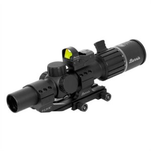 The image shows a black rifle scope with a 30mm tube diameter, a prominent lens in the front, and a rear adjustment knob. On top, it includes a compact red dot sight with a green reticle. The mounting base is designed for a secure fit onto a rifle rail, showcasing multiple attachment points. The overall finish is matte black to reduce glare.