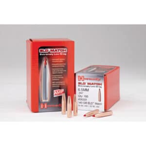 Hornady ELD Match bullet boxes with several 6.5mm bullets displayed, showcasing their design for accuracy and low drag.