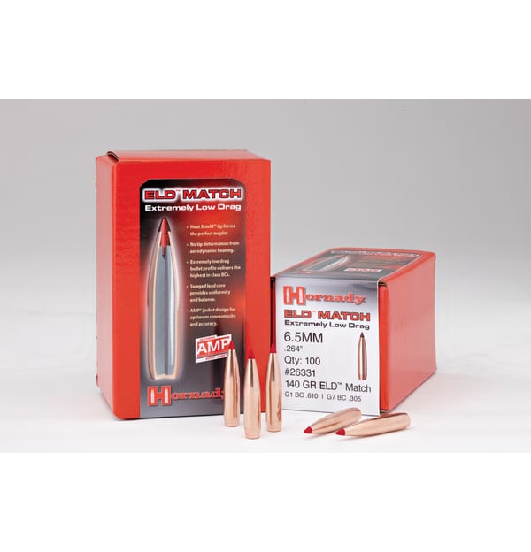 Hornady ELD Match bullet boxes with several 6.5mm bullets displayed, showcasing their design for accuracy and low drag.