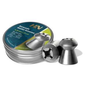 A tin of Baracuda Hunter Extreme airgun pellets in .25 cal, showcasing a sleek design and three pellets beside the can.