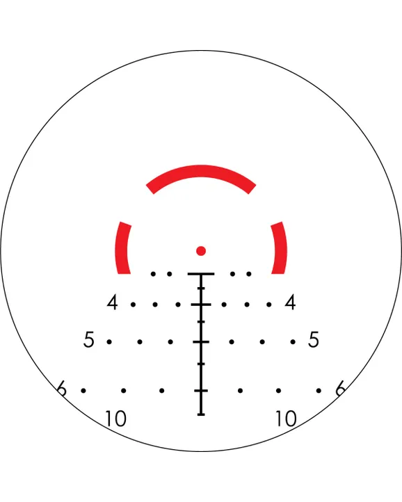 VORTEX STRIKE EAGLE 1-8X24 RIFLESCOPE WITH AR-BDC3 RETICLE - Reticle view with red semicircles, central red dot, and numerical range markers for precision targeting and distance estimation.