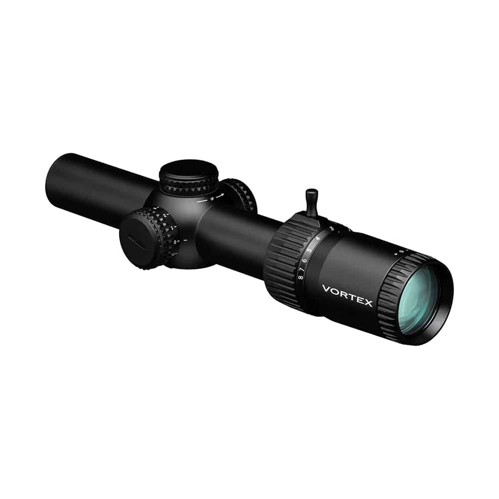 Black Vortex rifle scope with adjustment turrets and magnification ring, isolated on a white background.