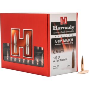 HORNADY 6MM .264 135GR A-TIP MATCH - Hornady A-Tip Match bullets in a red box, showcasing 135 gr 6.5mm bullets with an aluminum tip, designed for precision shooting.