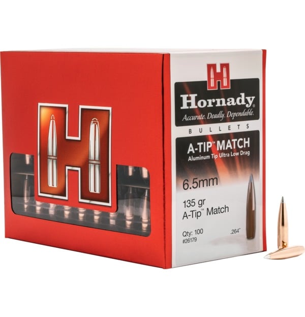 HORNADY 6MM .264 135GR A-TIP MATCH - Hornady A-Tip Match bullets in a red box, showcasing 135 gr 6.5mm bullets with an aluminum tip, designed for precision shooting.