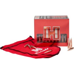 HORNADY 7MM .284 166GR A-TIP MATCH - A red Hornady pouch with projectile bullets beside a red box featuring the Hornady logo and contained ammunition.