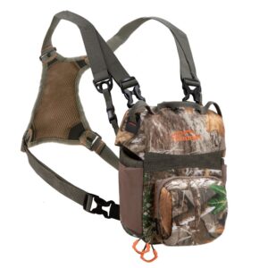 ALLEN COMPANY TERRAIN MESA BINO CASE WITH HARNESS - Camo-patterned chest pack with adjustable straps, designed for outdoor activities, featuring multiple pockets for gear and accessories.