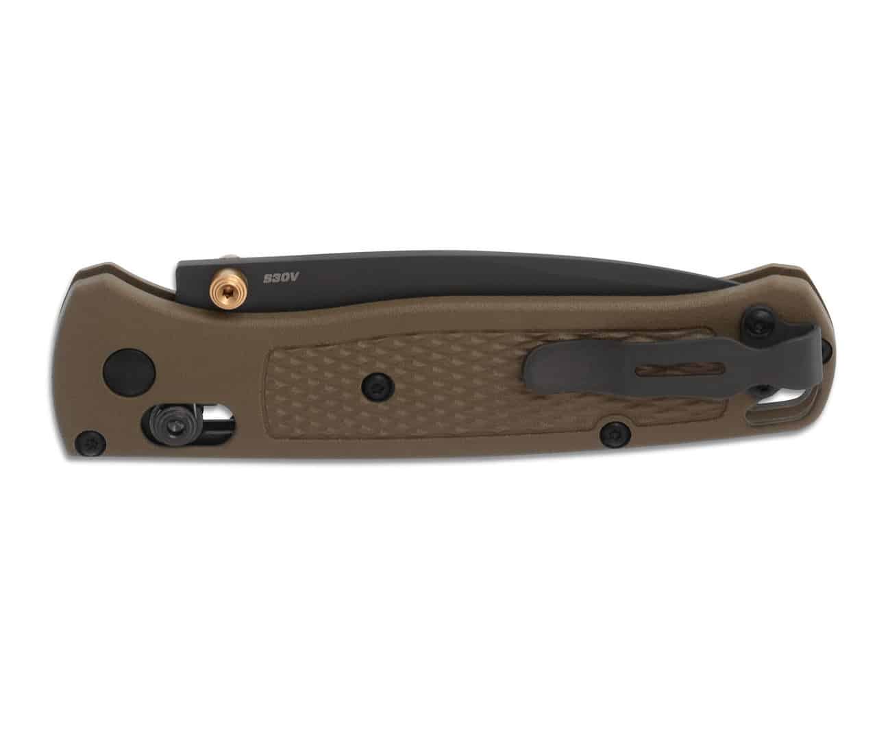 Closed, olive drab folding knife with a black blade, pocket clip, and the inscription "S30V" visible on the blade.