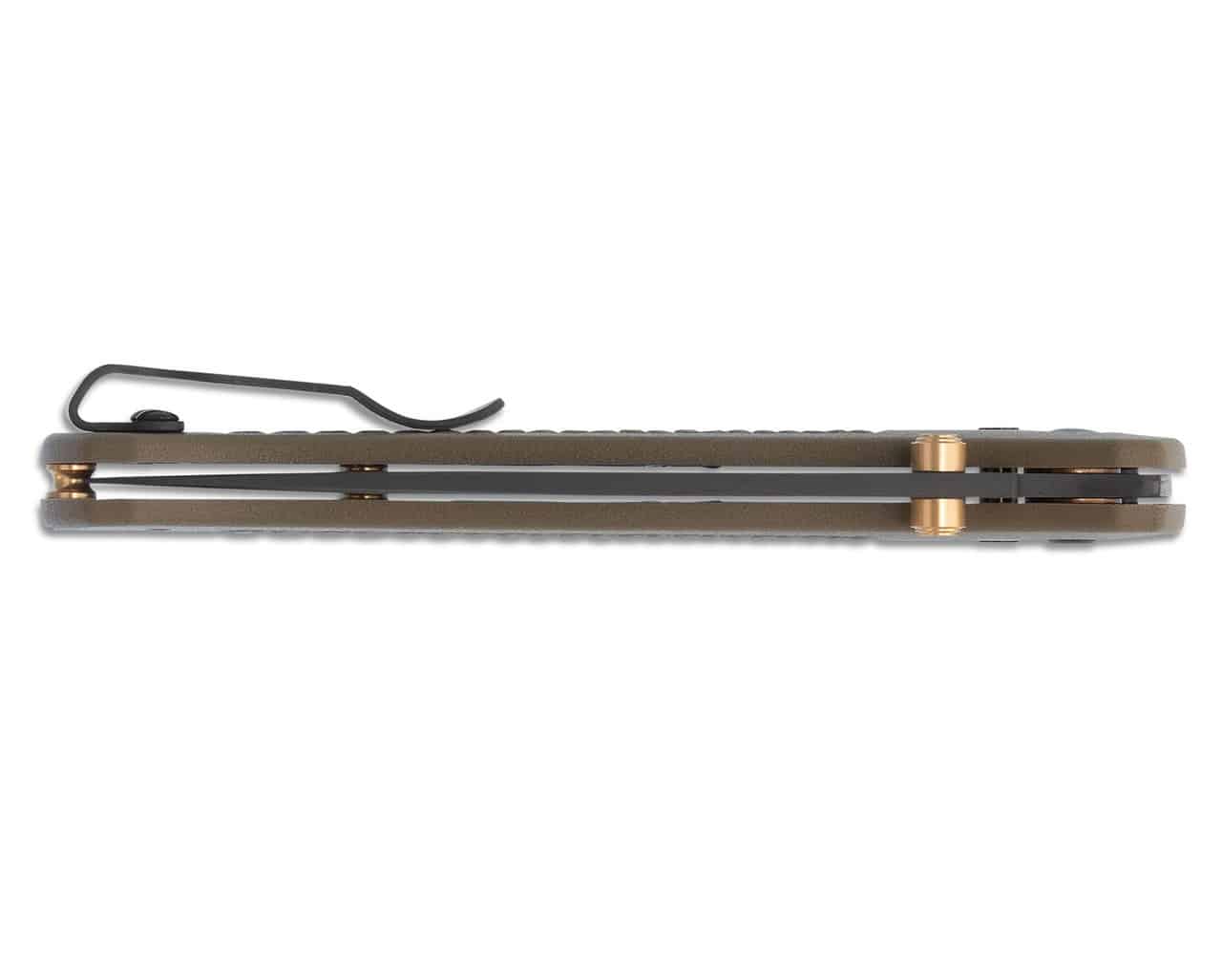 Close-up side profile of a closed pocket knife with a dark olive-green handle, a black pocket clip, and bronze-colored pivot hardware.