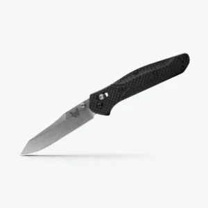 BENCHMADE OSBORNE CARBON FIBER - A sleek black folding knife with a textured handle and a sharp blade, featuring a butterfly logo on the blade's side.