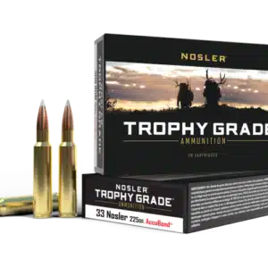 Box of Nosler Trophy Grade ammunition with two bullets displayed in front.