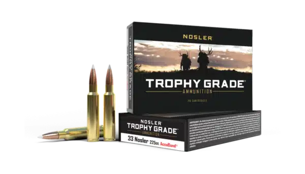 Box of Nosler Trophy Grade ammunition with two bullets displayed in front.