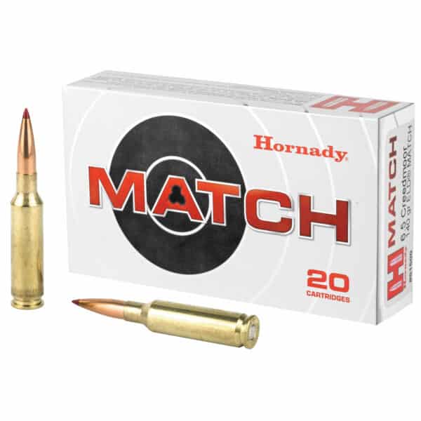 A box of Hornady Match ammunition with two rifle cartridges in front.