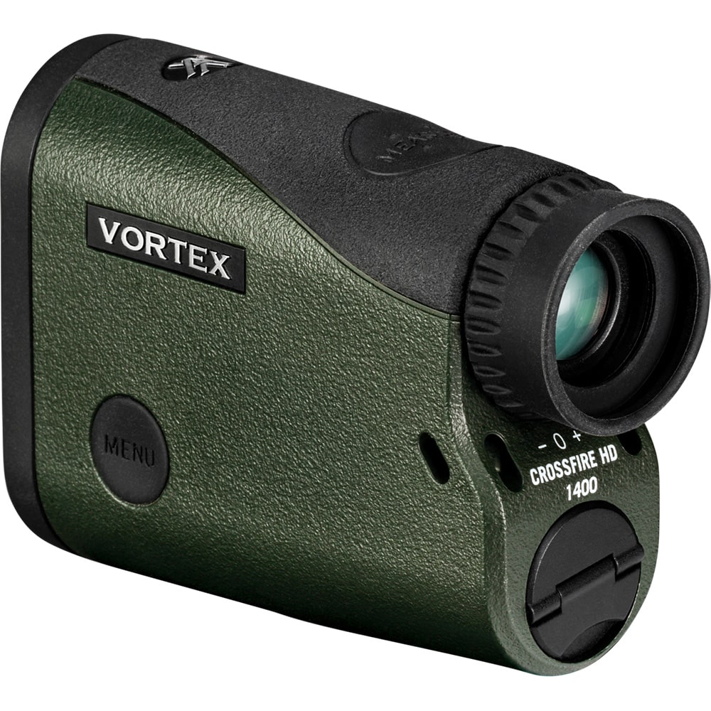 Green and black Vortex Crossfire HD 1400 laser rangefinder with textured grip and rubber eyepiece, shown at an angled side view.