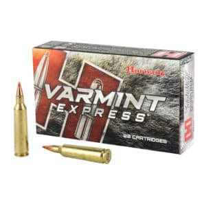 Ammunition box labeled 'Hornady Varmint Express' with two rifle cartridges displayed in front.