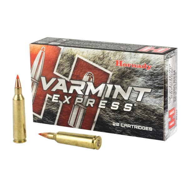 Ammunition box labeled 'Hornady Varmint Express' with two rifle cartridges displayed in front.