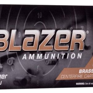 A box of Blazer 9mm Luger 124 Grain FMJ ammunition with one bullet outside the box.