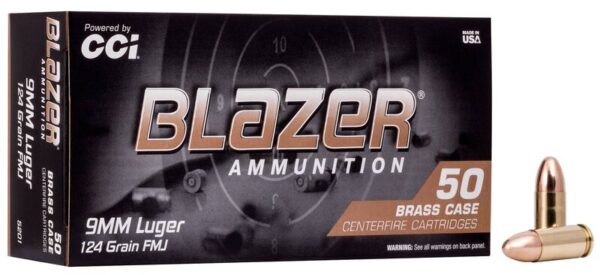 A box of Blazer 9mm Luger 124 Grain FMJ ammunition with one bullet outside the box.