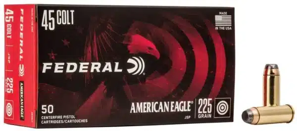 A box of Federal American Eagle .45 Colt handgun ammunition with one bullet outside the box.