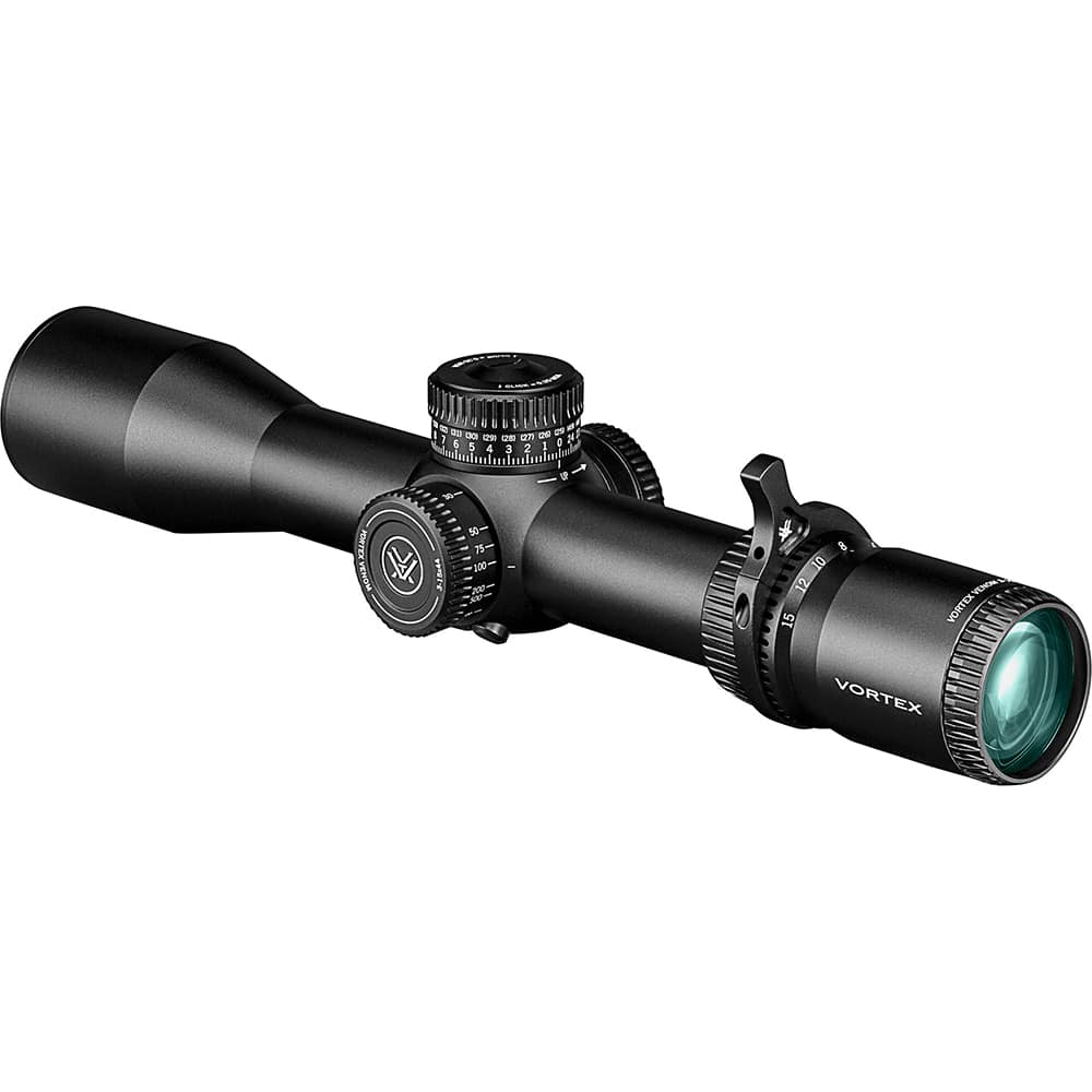A black Vortex brand rifle scope with multiple adjustment turrets and a magnification lever against a white background.