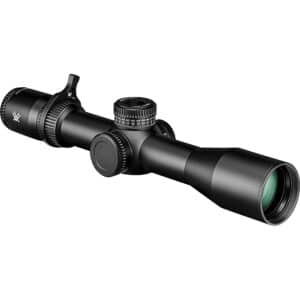 VORTEX VENOM 3-15X44 FFP RIFLESCOPE EBR-7C MOA - Black rifle scope with adjustment knobs and green-tinted lens, isolated on white background.