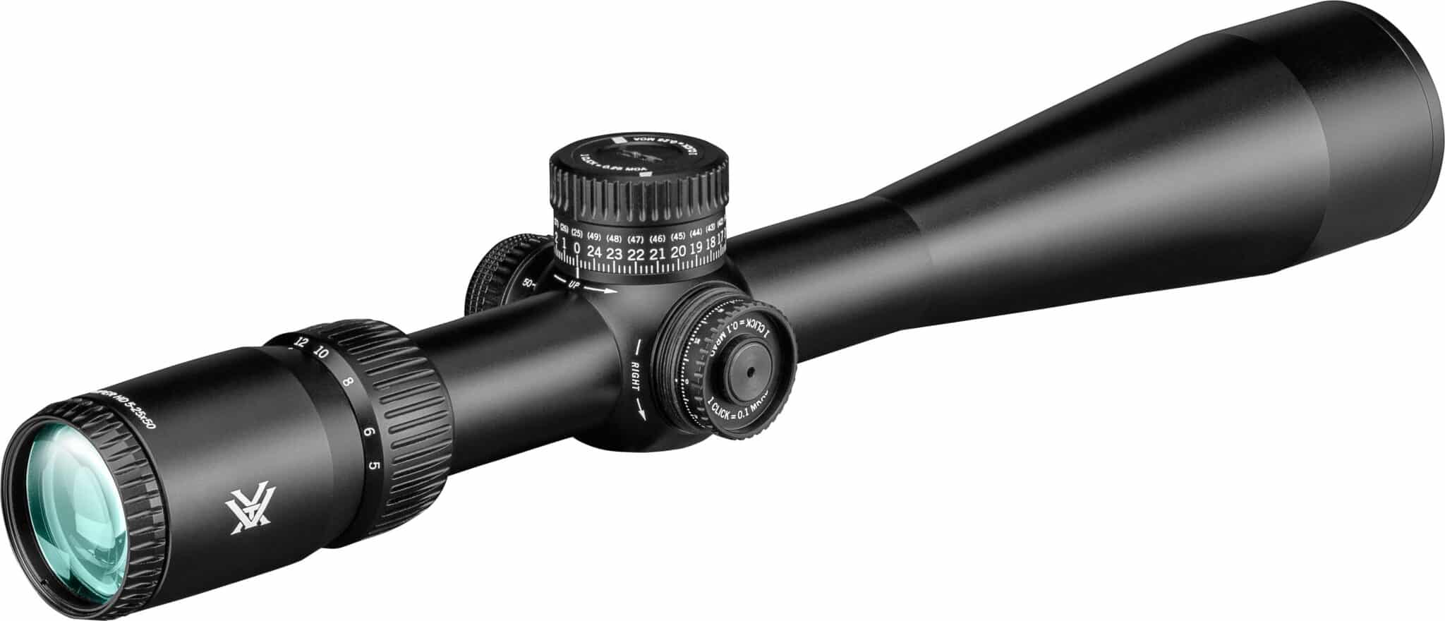 Black rifle scope with adjustment knobs and a green-tinted objective lens, featuring a Vortex logo on the side.